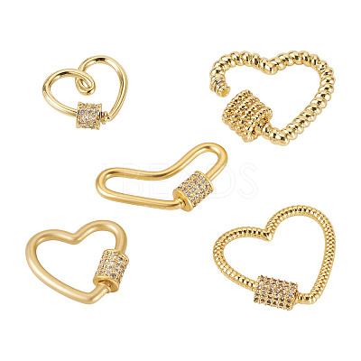 5Pcs 5 Style Brass Micro Pave Clear Cubic Zirconia Screw Carabiner Lock Charms ZIRC-TA0002-17-1