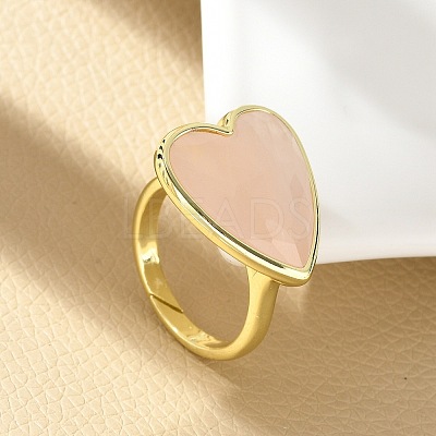 Heart Brass Natural Rose Quartz Finger Rings RJEW-D304-01G-B-1