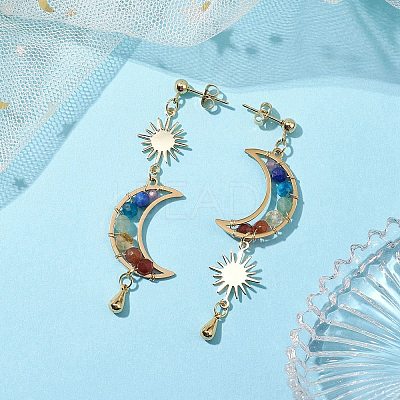 Chakra Moon Copper Wire Wrapped Gemstone Stud Earring EJEW-TA00485-1