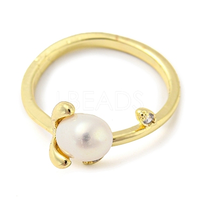 Flower Natural Pearl Cuff Ring with Rhinestone RJEW-H220-14G-1