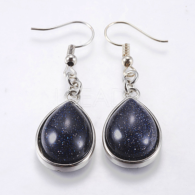 Synthetic Blue Goldstone Dangle Earrings EJEW-P143-A01-1