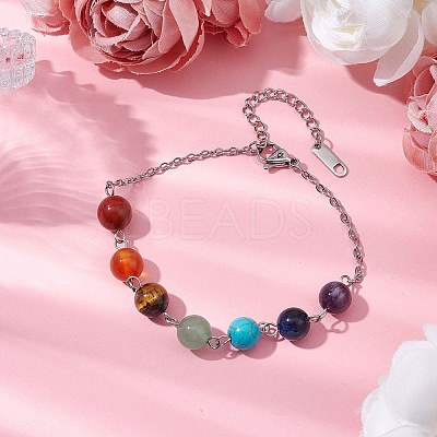Natural & Synthetic Mixed Gemstone Round Beaded Bracelets BJEW-JB11058-02-1