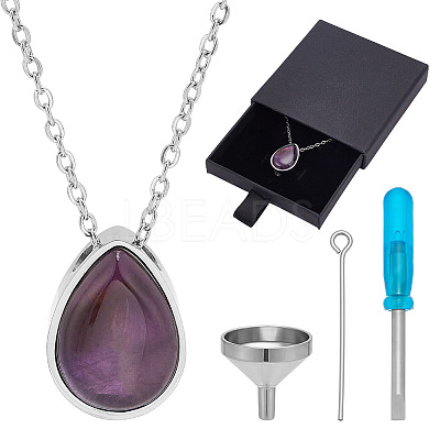 Natural Amethyst Teardrop Urn Ashes Pendant 304 Stainless Steel Cable Chain Necklaces NJEW-OC0001-09C-1