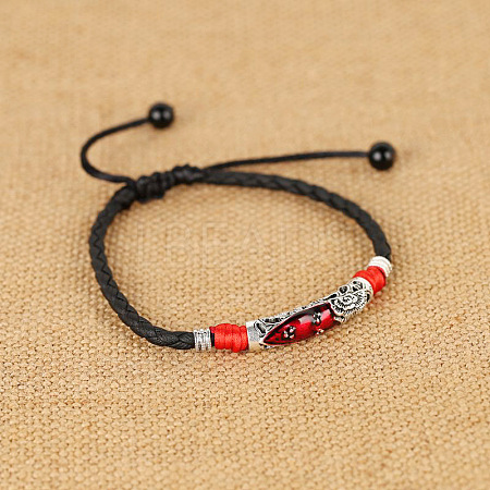 Alloy Red Enamel Tube Bead & Braided Imitation Leather Cord Adjustable Anklets for Men FS-WG1282E-03-1