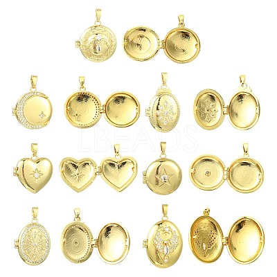 7Pcs 7 Styles Brass Micro Pave Clear Cubic Zirconia Locket Pendants KK-CJ0005-71-1