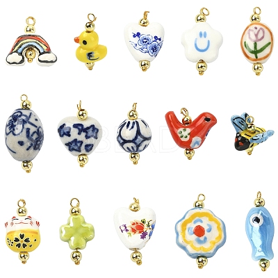 15Pcs Handmade Porcelain Pendants PALLOY-YW00126-1