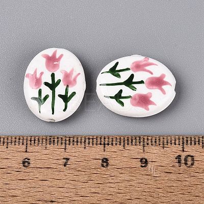 Hand Painted Tulip Flower Oval Porcelain Beads PORC-N012-11B-1