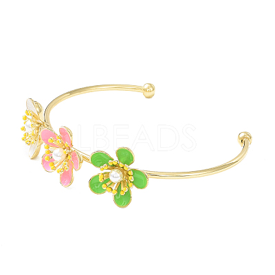 Alloy Flower with Imitation Pearl Beaded Open Cuff Bangle for Women LS-BJEW-D054-02G-03-1