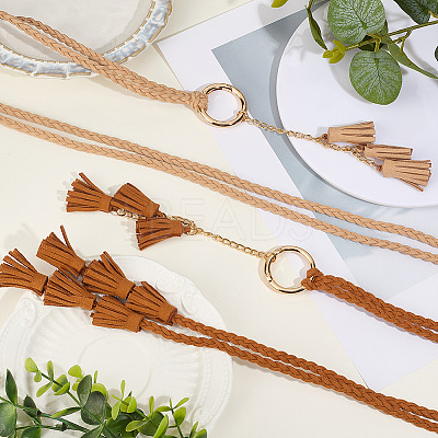2Pcs 2 Colors Bohemian Imitation Leather Tassel with Alloy Ring Waist Chain Belts for Women AJEW-CL0005-22A-1