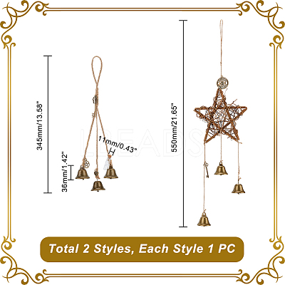 2Pcs 2 Style Brass & Iron Witch Bells Wind Chimes Door Hanging Pendant Decoration AJEW-GA0005-69-1