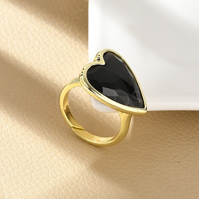 Heart Brass Natural Obsidian Finger Rings X-RJEW-D304-01G-G-1