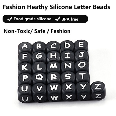 20Pcs Black Cube Letter Silicone Beads 12x12x12mm Square Dice Alphabet Beads with 2mm Hole Spacer Loose Letter Beads for Bracelet Necklace Jewelry Making JX433K-1