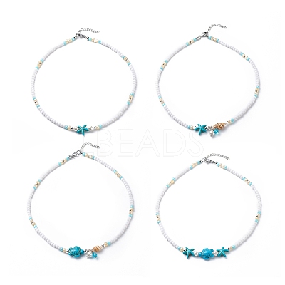 4Pcs 4 Style Natural Pearl & Shell & Dyed Synthetic Turquoise Beaded Necklaces Set NJEW-JN04039-1