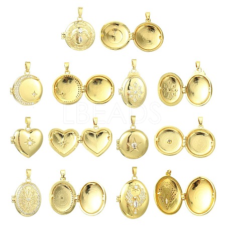 7Pcs 7 Styles Brass Micro Pave Clear Cubic Zirconia Locket Pendants KK-CJ0005-71-1