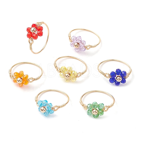 7Pcs 7 Styles Flower Glass Beads Finger Rings RJEW-JR00710-02-1