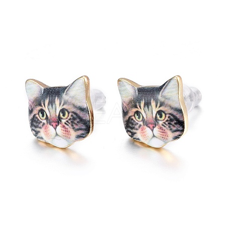 Real 14K Gold Plated Alloy Kitten Stud Earrings EJEW-G148-01G-06-1