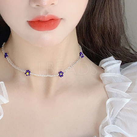 Bohemian Daisy Flower Glass Seed Beaded Necklaces with Alloy End Chains FS-WGC49A6-07-1