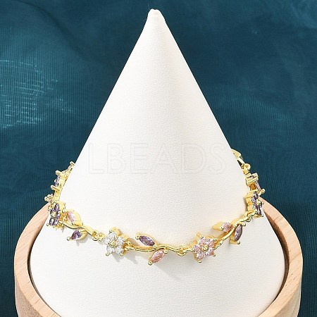 Brass Pave Cubic Zirconia Flower Link Chain Bracelets for Women KK-CBA68DA-14G-07-1