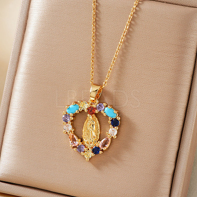 Vintage Brass Cubic Zirconia Religious Virgin Mary Heart Hollow Pendant Necklaces AB7554-1-1