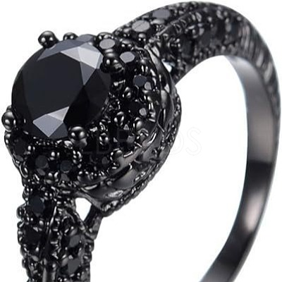 Flat Round Brass Jet Rhinestone Finger Rings FS-WG232E0-05-1