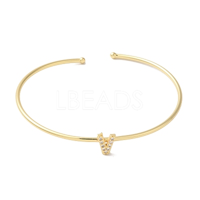 Rack Plating Brass Micro Pave Clear Cubic Zirconia Letter Open Cuff Bangles BJEW-A018-01G-V-1