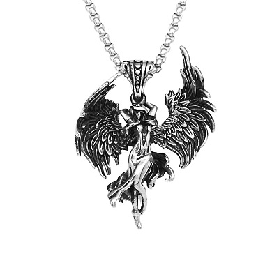 304 Stainless Steel Goddess with Angel Wings Pendant Necklaces for Men Women WG939A7-01-1