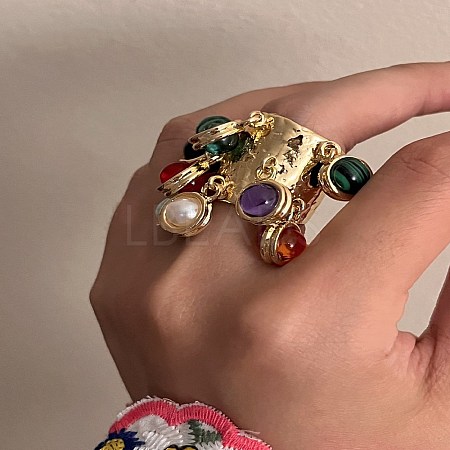 Synthetic Gemstone & Resin & Plastic Imitation Pearl Charms Finger Rings for Women RJEW-Z047-03G-1-1