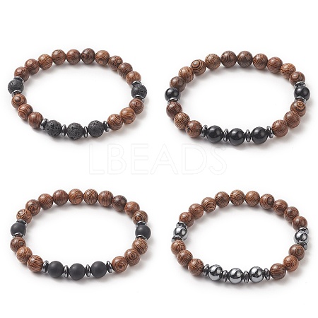 Gemstone & Natural Wood Beaded Stretch Bracelet for Men Women BJEW-JB09295-1