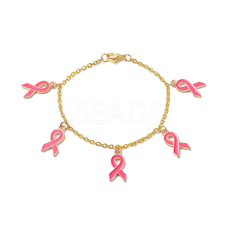 Pink Breast Cancer Awareness Ribbon Alloy Enamel Charm Bracelet BJEW-JB09159-1