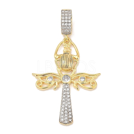 Brass Micro Pave Clear Cubic Zirconia Egyptian Ankh Cross Beetle European Dangle Charms KK-U058-47G-1