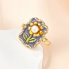 Flower Pattern Brass Enamel & Natural Freshwater Pearl Open Cuff Rings for Women RJEW-G342-01G-01-2