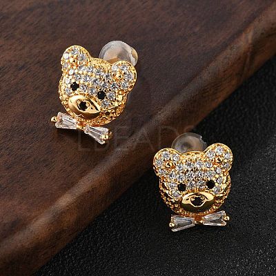 Bear Brass Micro Pave Clear Cubic Zirconia Stud Earrings EJEW-B131-05G-1