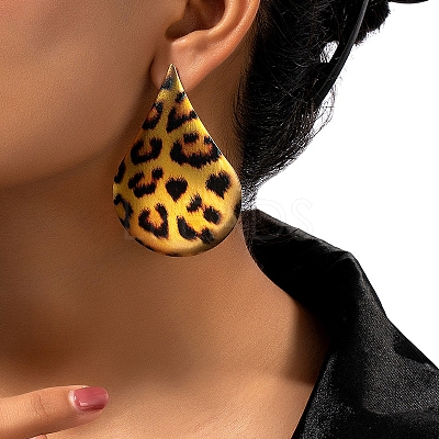 Leopard Print Alloy Dangle Stud Earrings LS-EJEW-K304-01E-G-1