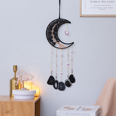 Copper Wire Wrapped Natural Obsidian Moon Hanging Ornaments PW-WG39344-01-1