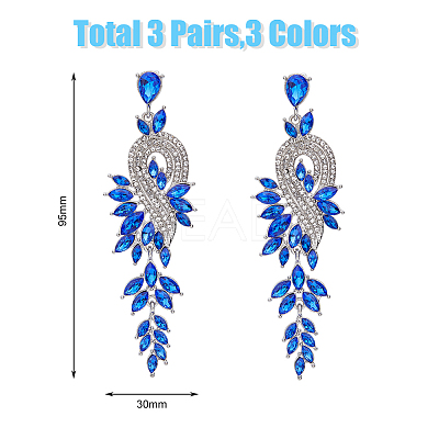 3 Pairs 3 Colors Sparkling Rhinestone Leafy Branch Dangle Stud Earrings EJEW-FI0001-90-1