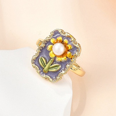 Flower Pattern Brass Enamel & Natural Freshwater Pearl Open Cuff Rings for Women RJEW-G342-01G-01-1