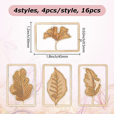 16Pcs 4 Styles Brass Rectangle with Leaf Bookmarks AJEW-DR0001-70-1