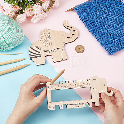 1 Set Elephant Shape  Wooden Knitting Needle Gauge & Yarn Wrap Guide Board DIY-BC0006-94-1