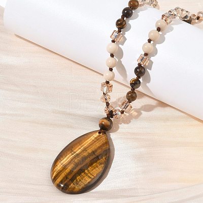 Natural Tiger Eye Teardrop Pendant Glass Beaded Long Necklaces GG-CBAE048-01A-1