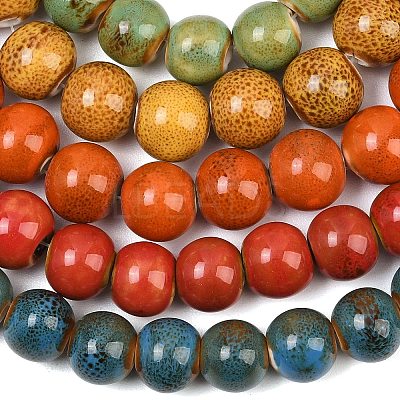 Handmade Fancy Antique Glazed Porcelain Ceramic Round Beads Strands PORC-L019-13mm-M-1