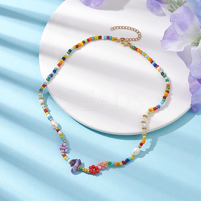 Flower Glass Seed & Pearl Beaded Necklaces NJEW-JN04677-02-1