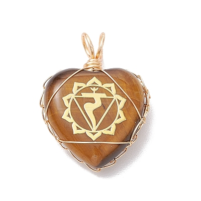 7Pcs 7 Styles Chakra Natural Tiger Eye & Sodalite & Red Jasper & Quartz Crystal & Green Aventurine & Amethyst & Red Aventurine Copper Wire Wrapped Heart Pendants PALLOY-JF03044-1