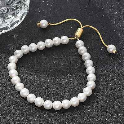 Shell Pearl Beaded Slider Bracelet with Brass Snake Chain X-BJEW-B066-01B-01-1