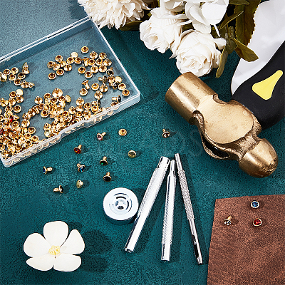 90Pcs Round Brass Semi-Tublar Rivets with Rhinestone DIY-NB0010-29-1