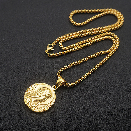 Religion 304 Stainless Steel Embossed Virgin Round Medal Pendant Necklaces for Men WG67465-04-1
