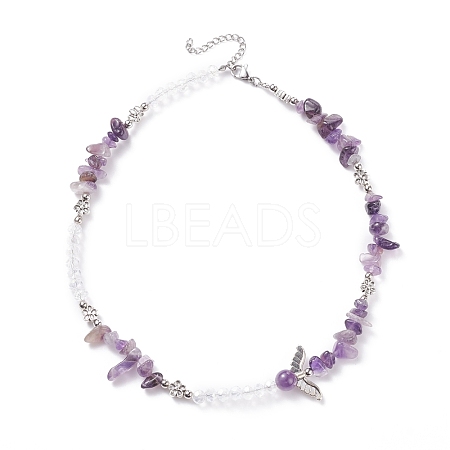 Natural Amethyst Chip Beaded Necklace with Wing NJEW-TA00022-01-1