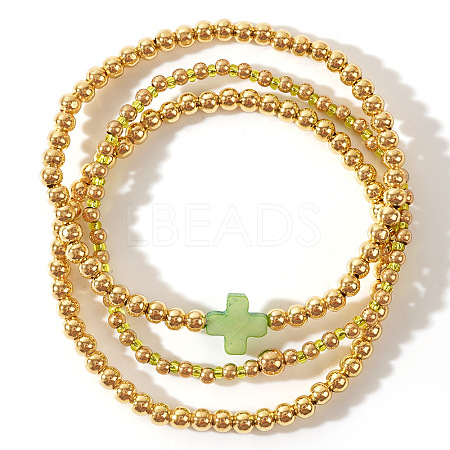 3Pcs Brass & Natural Shell Beads & Glass Seed Beads Stretch Bracelets Set for Women YJ9713-6-1
