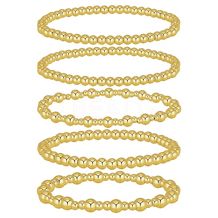 5Pcs Round Brass Beaded Stretch Bracelets for Women BJEW-SW00151-1