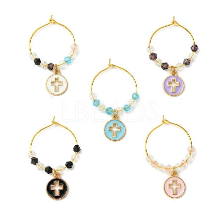 Flat Round with Cross Alloy Enamel Wine Glass Charms AJEW-JO00205-1