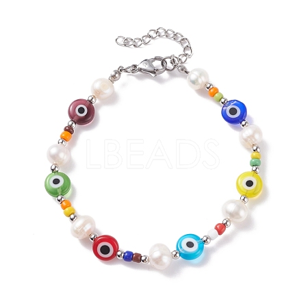 Natural Pearl & Evil Eye Protection Beaded Bracelet for Women BJEW-TA00057-1